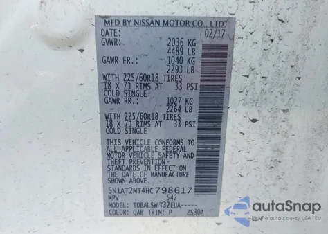 2017 Nissan Rogue Sl из США, поврежденный, VIN 5N1AT2MT4HC798617